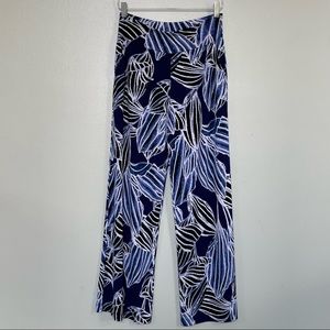 Clara Sun Woo Wide Leg Palazzo Pant Navy Blue White Leaf Stretchy Pull On Small